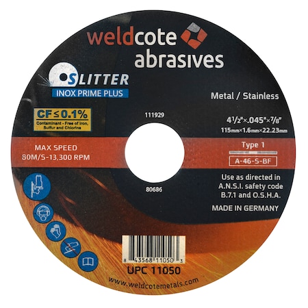 Weldcote Cut-Off Wheel 4-1/2.0457/8 T1, Wa-46-S-Bf Slitter Inox Prime Plus 11050